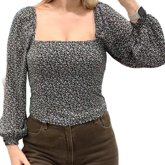 Abercrombie & Fitch Square Neck Balloon Puff Long Sleeve Top Ditsy Floral Print - Picture 1 of 16